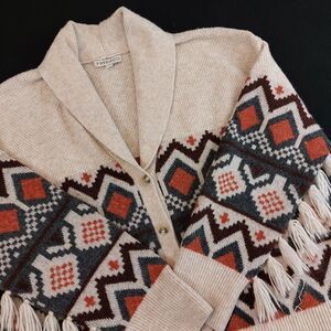 Frye & Co Southwestern Cardigan Fringe Sleeve Sweater Womens XL Aztec Shawl Neck